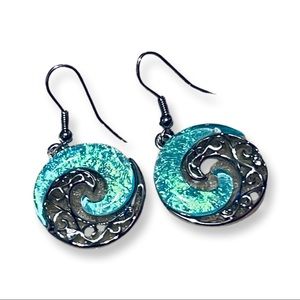 Iredescent Blue/Green Aqua Wave SilverSwirl Dangle Earrings gift Jewelry